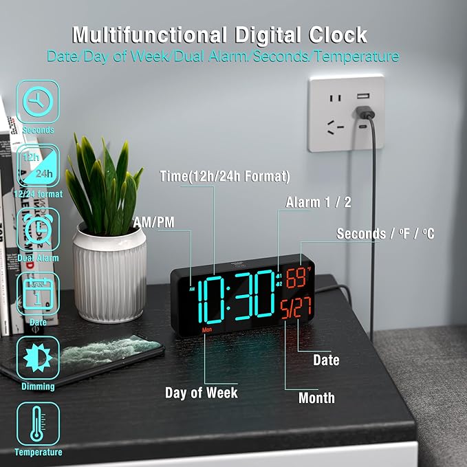 KOSUMOSU Digital Clock for Bedroom 6.7in Alarm Clocks for Living Room, Auto - Image 5