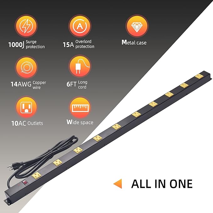10 Outlet Long Power Strip Surge Protector, Heavy Duty Industrial Metal Power - Image 7