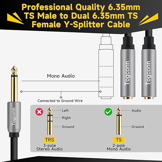 Togconn 2-Pack 1/4 inch TS Mono Splitter Y Adapter, 6.35mm Mono Male to Dual - Image 3