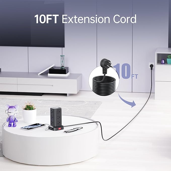 Surge Protector Power Strip Tower, 10FT Extension Cord - Image 5