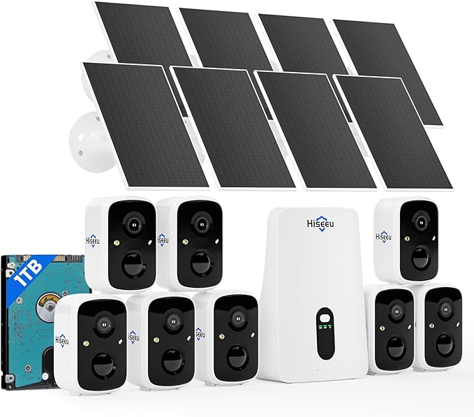 Hiseeu Solar Security Cameras Wireless Outdoor System, 8 Cam-Kit, Expandable to by Hiseeu