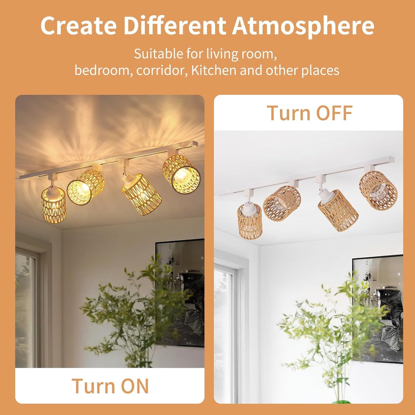 4-Pack H Track Lighting Heads, Rattan Track Light Heads Fixture for H Type Track Lighting Rail, E26 Flexible Track Light Ceiling Fixtures, Adjustable Modern Track Light for Kitchen, No Bulb