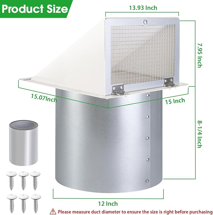 12 Inch Hooded Wall Vent with Screen and Damper, Outdoor Wall Exhaust Cover Cap - Image 2