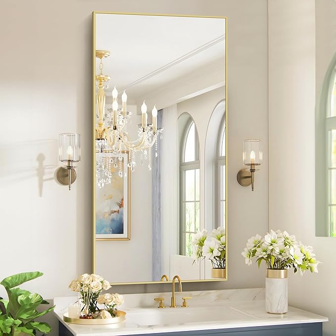 48x24In Gold Bathroom Mirror for Wall, Brushed Gold Rectangle Mirrors by Welcometocofeny