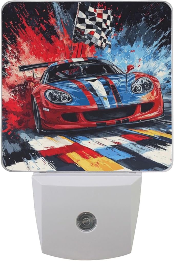 Pigsaly Led Night Light Red Blue Sports Car Checkered Flag Night Light Plug in by Pigsaly