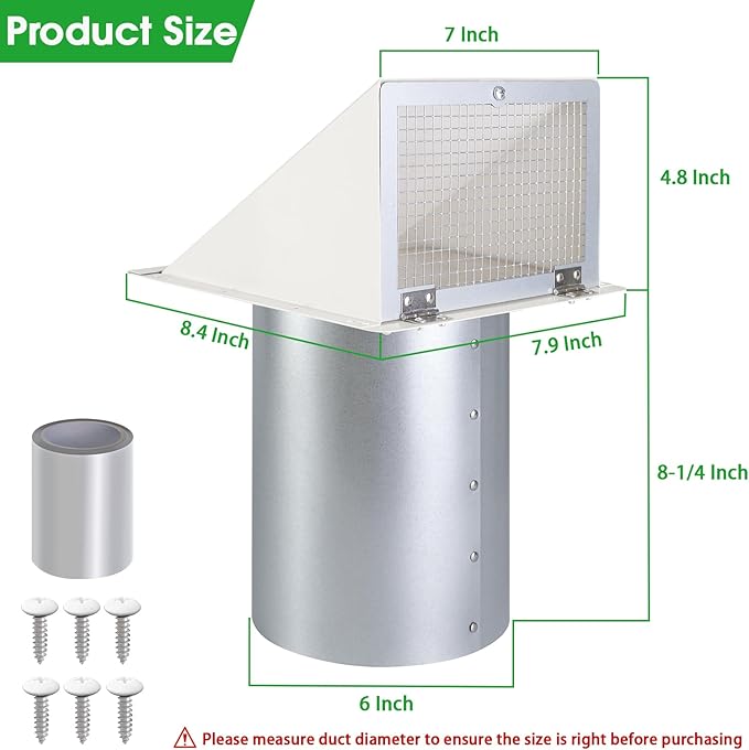 6 Inch Hooded Wall Vent with Screen and Damper, 6 Inch Exhaust Vent Cover Cap - Image 2
