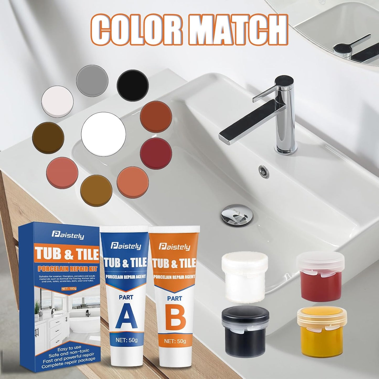 Porcelain Repair Kit, Waterproof Fiberglass Tub Repair Kits, Strong Tile Repair Kit, Non-Toxic Ceramic Tile Repair Kits Suitable for Granite, Marble, Quartz, Ceramics, Porcelain, Resin, etc (50g+50g)