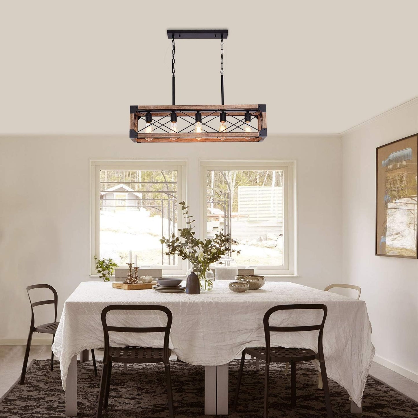 Kitchen Island Lighting, 33.5-Inch 5 Lights Farmhouse Linear Chandelier for Dining Room Pool Table Pendant Light Fixture, Rustic Wood Grain Finish, Industrial Pendant Light