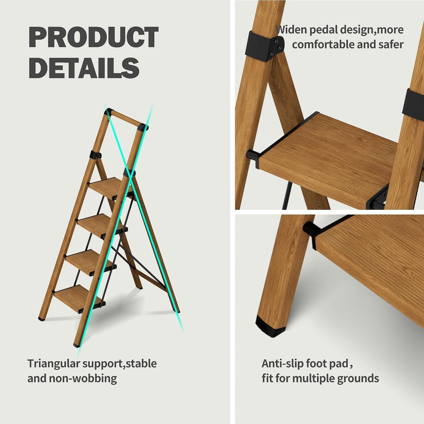 4 Step Ladder,Lightweight Folding Step Stool with Aluminum Wide Pedal& Convenient Handgrip,330lbs Capacity Steel Ladder for Household and Office(Woodgrain) | Step ladder with handrail & folding anti-slip steps, 330 lbs for home,kitchen,office,outdoor,Gold