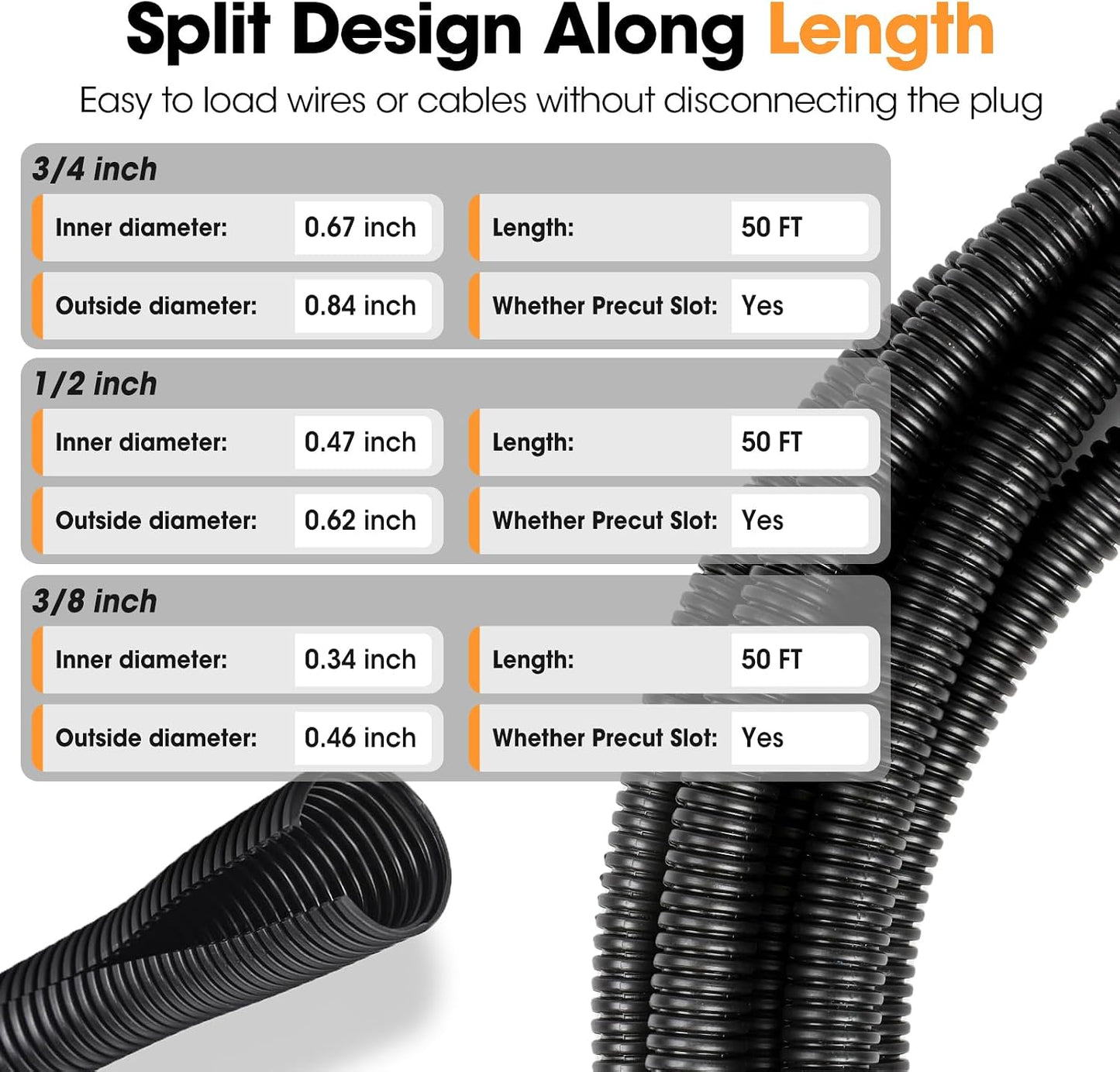 Wire Loom 3/8", 1/2", 3/4 Inch x 50 FT, Split Wire Loom Tubing Wire Conduit, Wire Protector Tubing, Cable Sleeves Bulk, Black