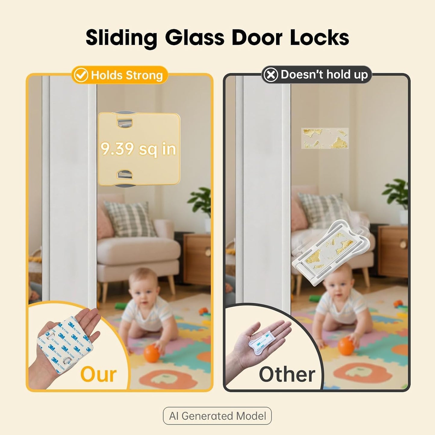 Sliding Glass Door Lock for Child: Patio Protect Toddlers(0-4) Adhesive | No Drill Adhesive 500Home Tested Glass Safety for Balcony & Sliding Door