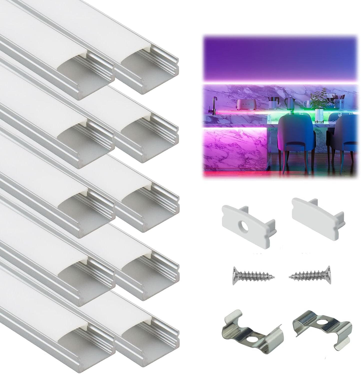 Muzata 10Pack 3.3FT/1M LED Channel Aluminum U Shape Silver LED Strip Diffuser Channel with Milky White Cover Easy Installation U1SW WW 1M