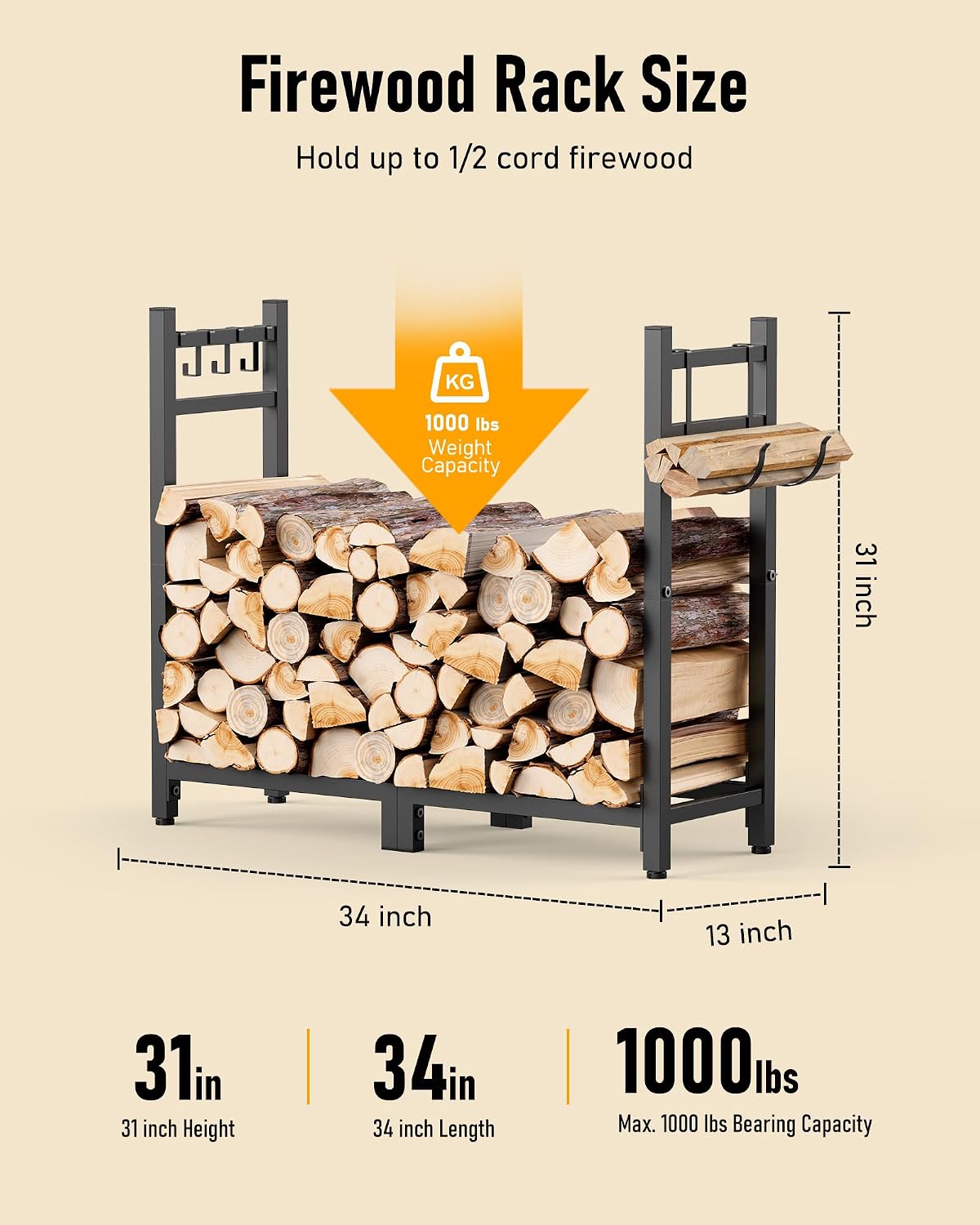 brightown 34 inch firewood rack indoor with log, close-up detail