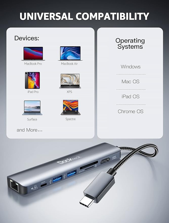 dockteck 7-in-1 USB C Hub with 4K 60Hz HDMI, 1Gbps Ethernet, 100W Power Delivery - Image 7