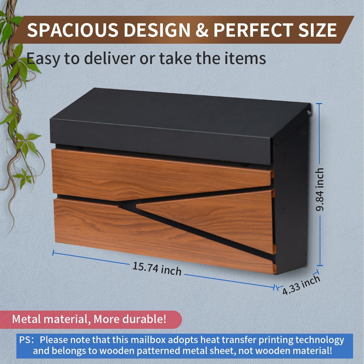 Ydocabinit Wall Mount Mailbox, Large Capacity Mailbox for House, Galvanized Steel Rust-Proof Metal Post Box Drop， Mailboxes for Outside, 15.74"×9.84"×4.33", Black Wooden Patterned Metal Sheet
