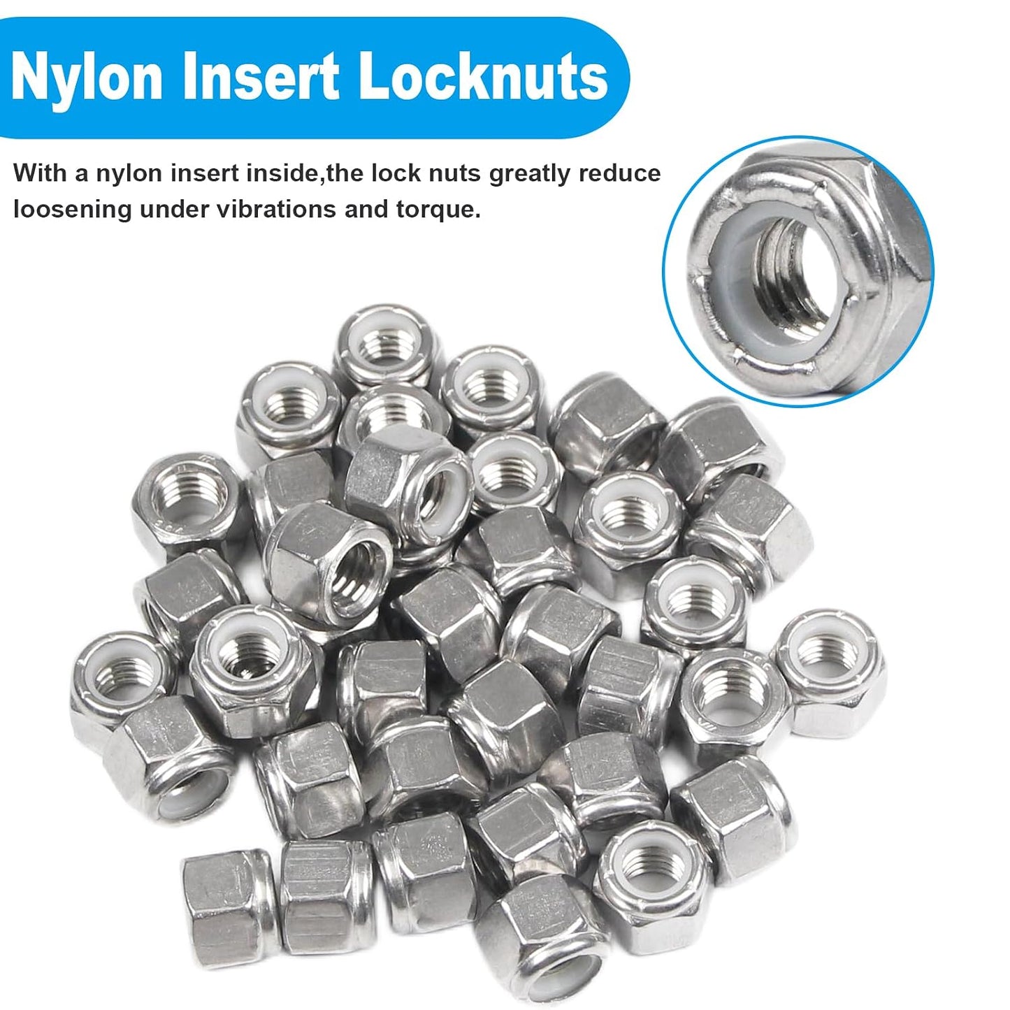 120PCS #8-32 Nylon Insert Hex Lock Nuts,304 Stainless Steel | Locknuts,Hex Drive,Coarse Thread,Self-Locking Nuts for Industrial Construction Fasteners
