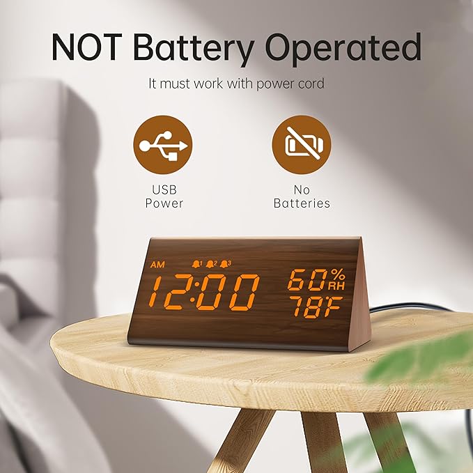 JALL Digital Alarm Clock, with Wooden Electronic LED Time Display, 3 Alarm - Image 2