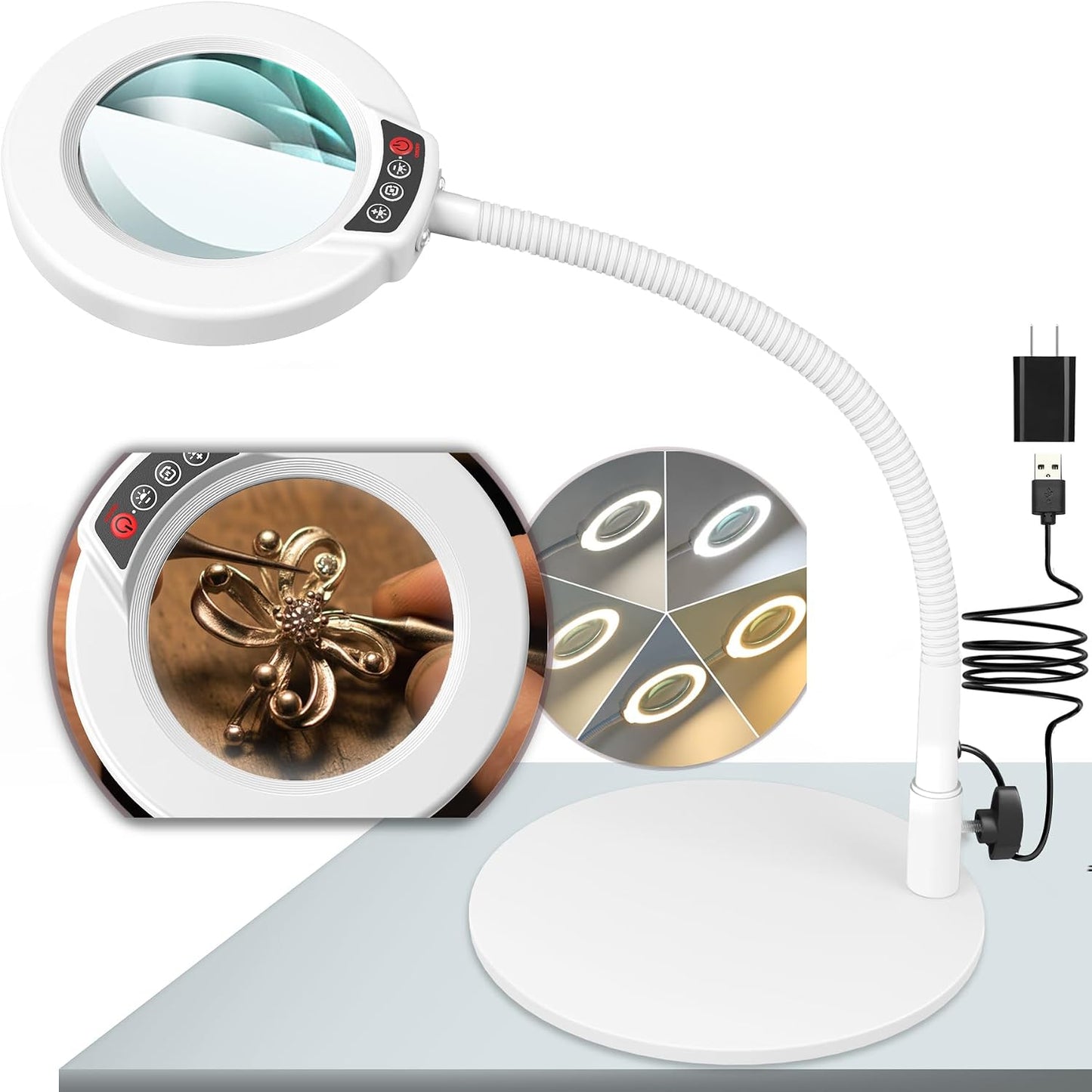 10X Magnifying Glass with Light and Stand, 16.5in Flexible Goose-Neck, 5 Color Modes Stepless Dimmable LED Lighted Desk Lamp, Hands Free Magnifier for Crafting Hobby Painting Close Work - White