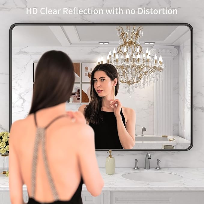 LOAAO 48X32 Inch Black Metal Framed Bathroom Mirror - Image 2