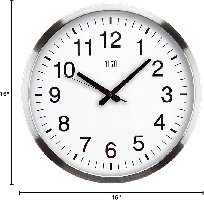 HITO 16" Silent Wall Clock Battery Operated Non Ticking Sweep Movement Glass - Image 8