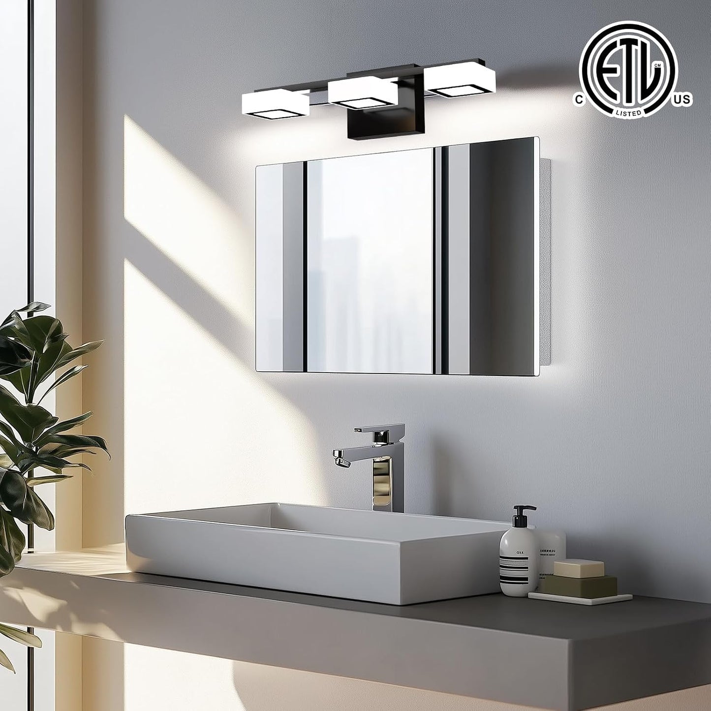 LED Modern Bathroom Light Fixtures, 3-Light Dimmable Vanity Lights with 5 Color Modes, Matte Black Acrylic Bathroom Wall Lighting Fixtures Over Mirror, 2700K- 6500K Adjustable, 18 Inch, ETL Listed