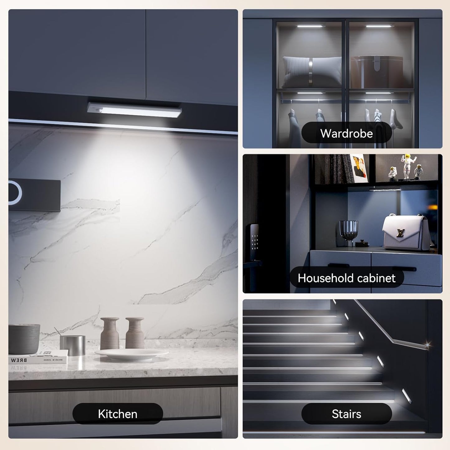 Under Cabinet Lighting, LED Magnetic Motion Activated Under Cabinet Lights, Rechargeable Closet Lights 2800mAh Battery Operated, Wireless Dimmable Under Counter Lights for Kitchen,Hallway 3 Pack