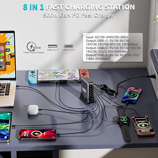 500W GaN USB C Charger Block Charging Station 8 Port Fast Charger Block - Image 2