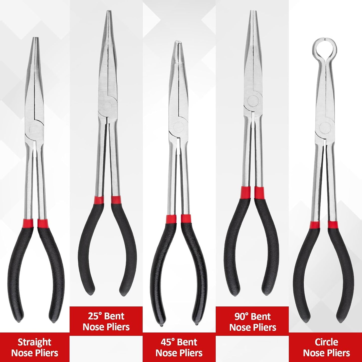 5Pcs Bent Nose Pliers 11 Inch Extra Long Needle Nose Pliers Set | Straight, 25°/45°/90° Bent, Circle Nose for Narrow Spaces, Hard to Reach Areas & Precision Work