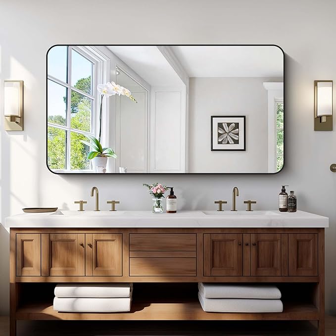 Bathroom Mirror, Metal Frame Rounded Corner Vanity Mirror, Large Wall Mounted - Image 2