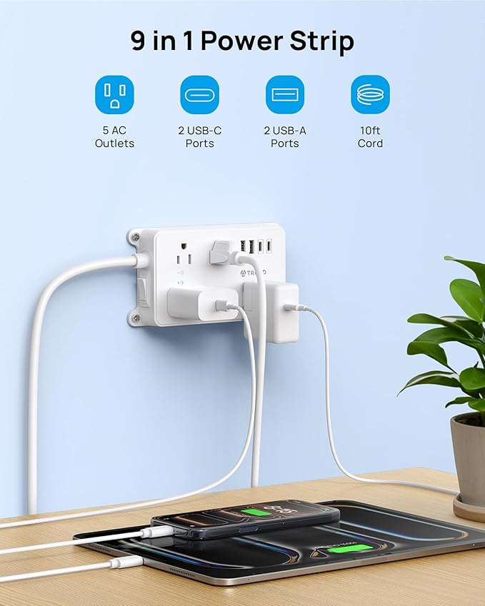 TROND Power Strip with USB, 10ft Extension Cord Surge Protector, 5 Widely - Image 2
