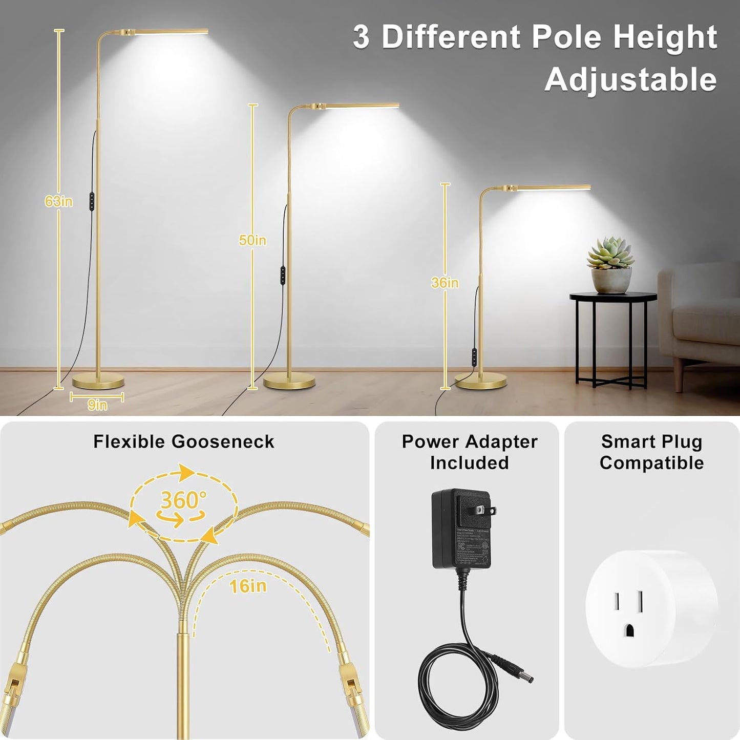 Gold Floor Lamp, 18W/2000LM Bright LED Floor Lamp for Living Room Office, Adjustable Gooseneck Dimmable Standing Task Lamp for Reading, Study, Arts, Eye Caring Craft Light for Sewing Tatoo Puzzle