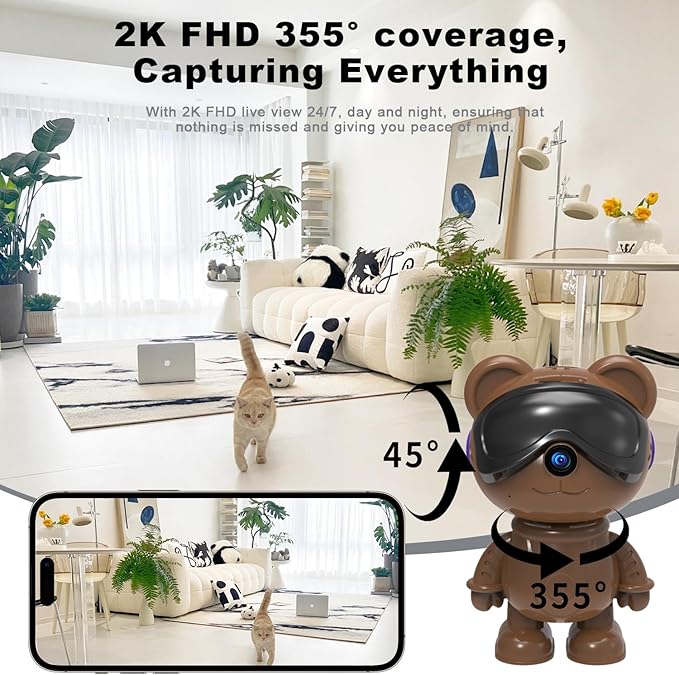 dzcctvipc Cute Bear 2K Robot & Pet Camera – Hidden Indoor Security, Motion & - Image 4