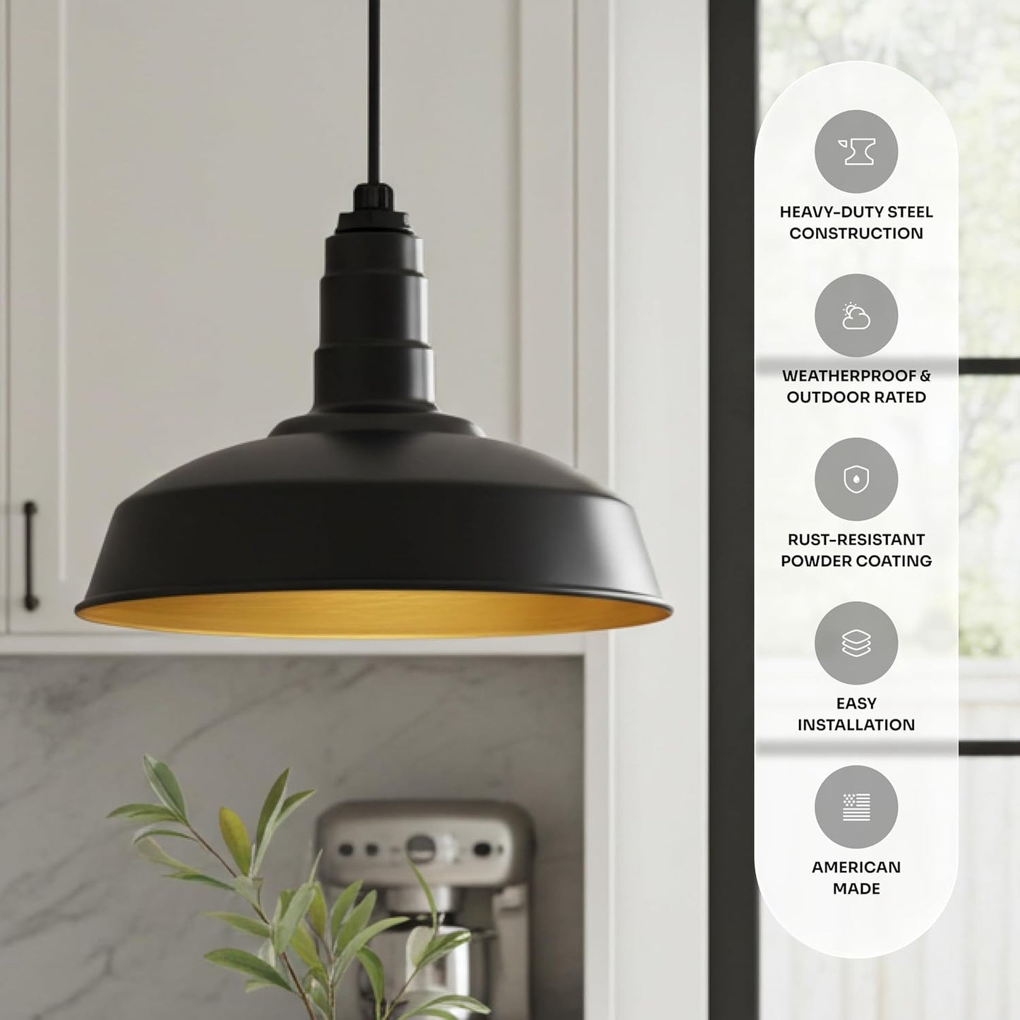 12" Stem Barn Light Pendant 16" Dome | Garage Workshop | Matte Black