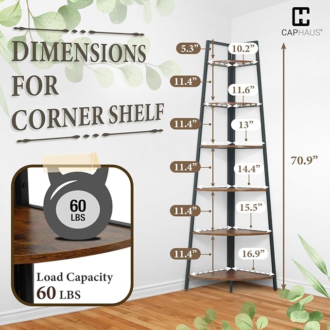 CAPHAUS Tall Corner Shelf Stand, 6-Tier Display Shelves, Ladder Corner Wood - Image 2