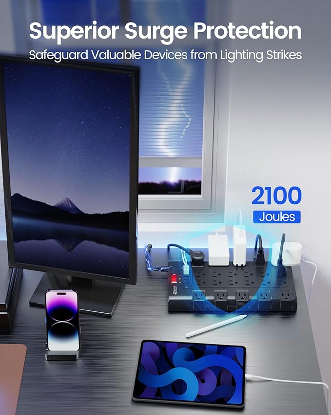 Flat Plug Power Strip, SUPERDANNY Surge Protector - Image 6