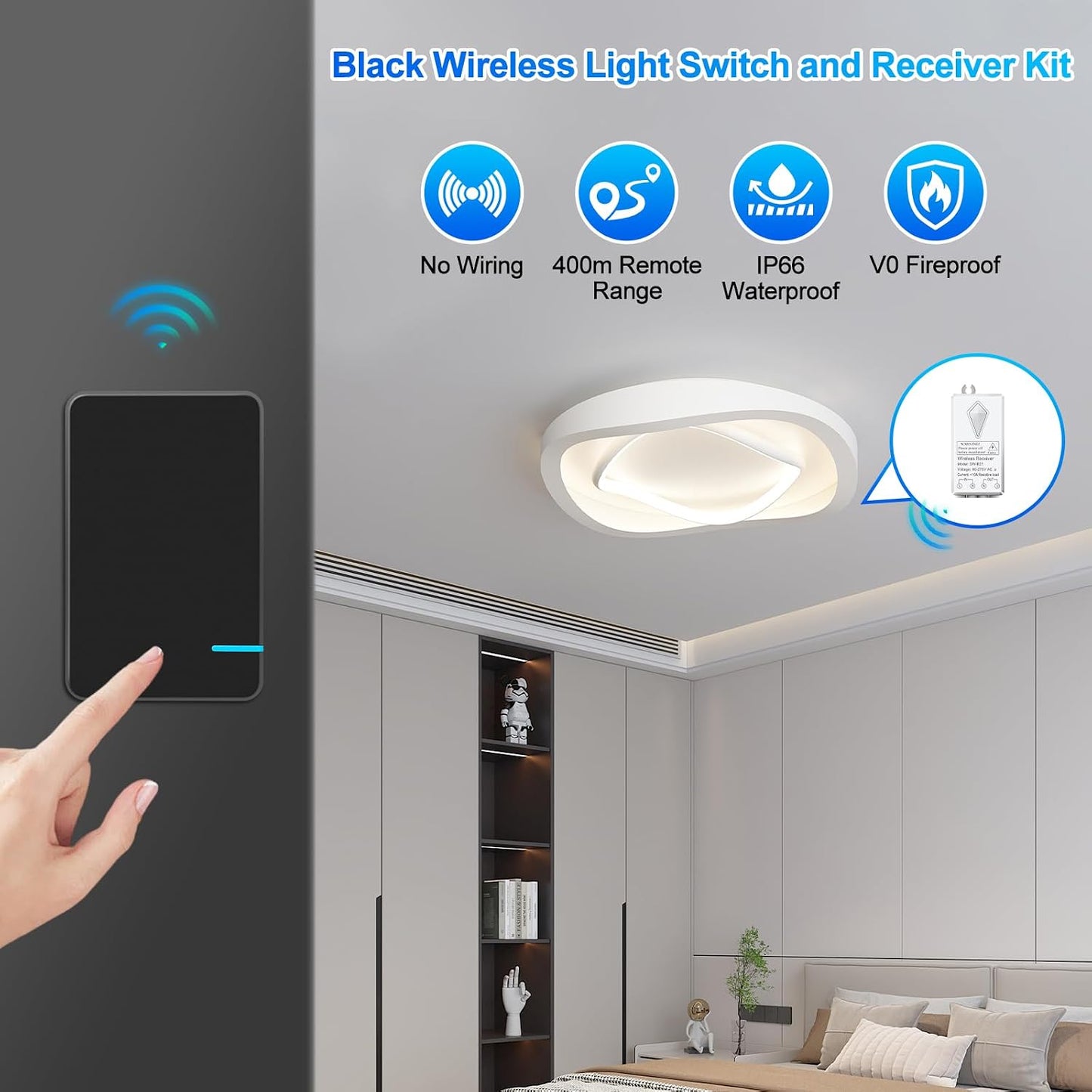 SuperInk Wireless Light Switch,No Wiring Remote Control Lighting Fixture | No Wiring,No WiFi,2 Mini Switch and Receiver,Outdoor 1969ft Indoor 328ft Remote Range,for LED Lights,Lamps,IP66 Waterproof