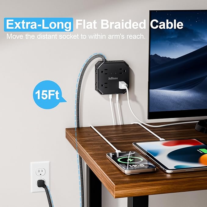 Surge Protector Power Strip-15 Ft Flat Plug Extension Cord - Image 6