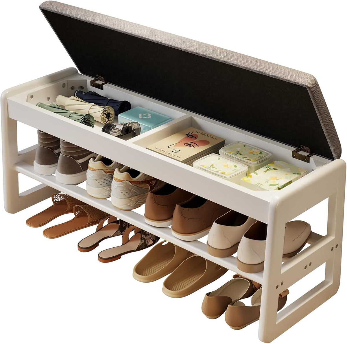 aqimuele shoe bench with storage, wooden 2 tiers, main product view