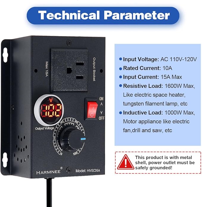 HARMNEE AC Motor Speed Controller 110-120V / 10A Rated / 15A Max, Fan Speed - Image 3