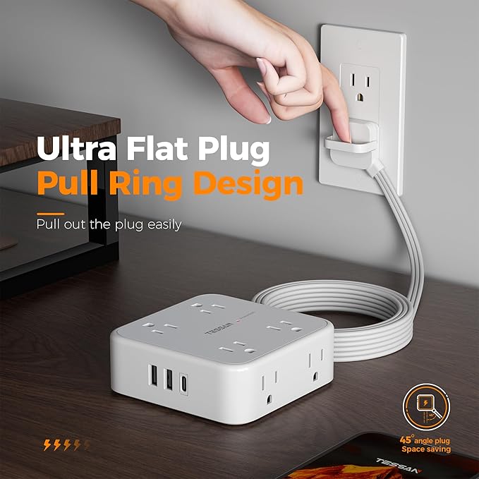 TESSAN Surge Protector Power Strip Flat Plug, Long Extension Cord 10 FT - Image 2
