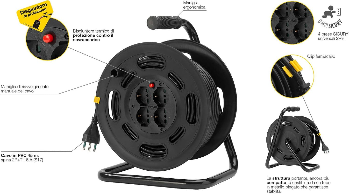 VIMAR 0P32733 Avvolgicavo 2P+T 16A 230V~ con Disgiuntore Termico di Protezione, Multicolore
