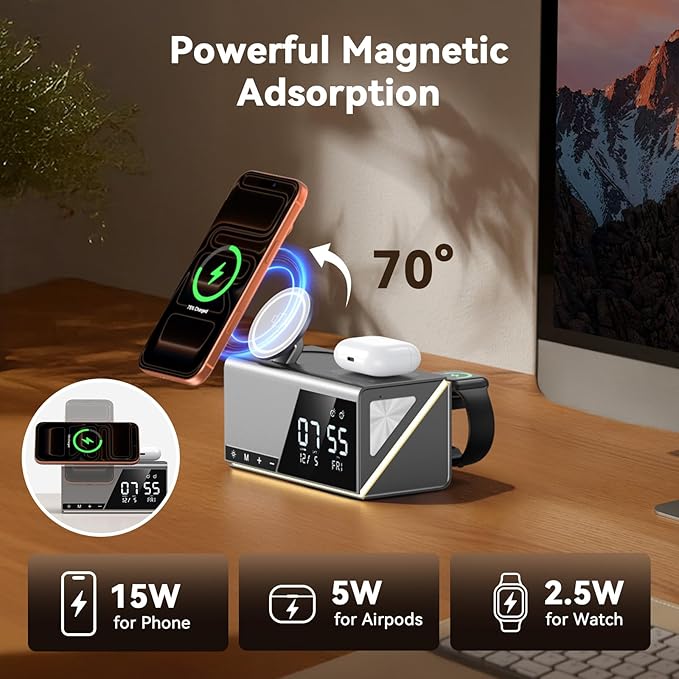 4URPC 6-in-1 Alarm Clock Wireless Charging Station - Image 3