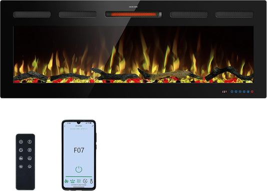 48" WiFi Electric Fireplace Inserts, Recessed and Wall Mounted Fireplace Heater