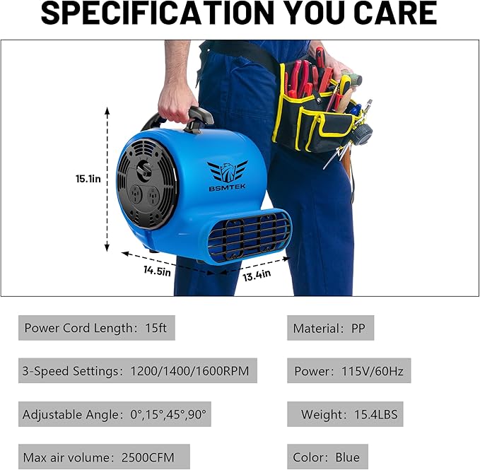 BSMTEK Air Mover Blower Fan, Industrial 1/2HP 2500CFM Monster Floor Blower - Image 2