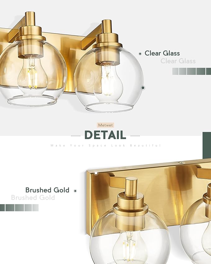 METWET Bathroom Light Fixtures, 2 Light Brushed Gold Vanity Light, Modern Wall - Image 3