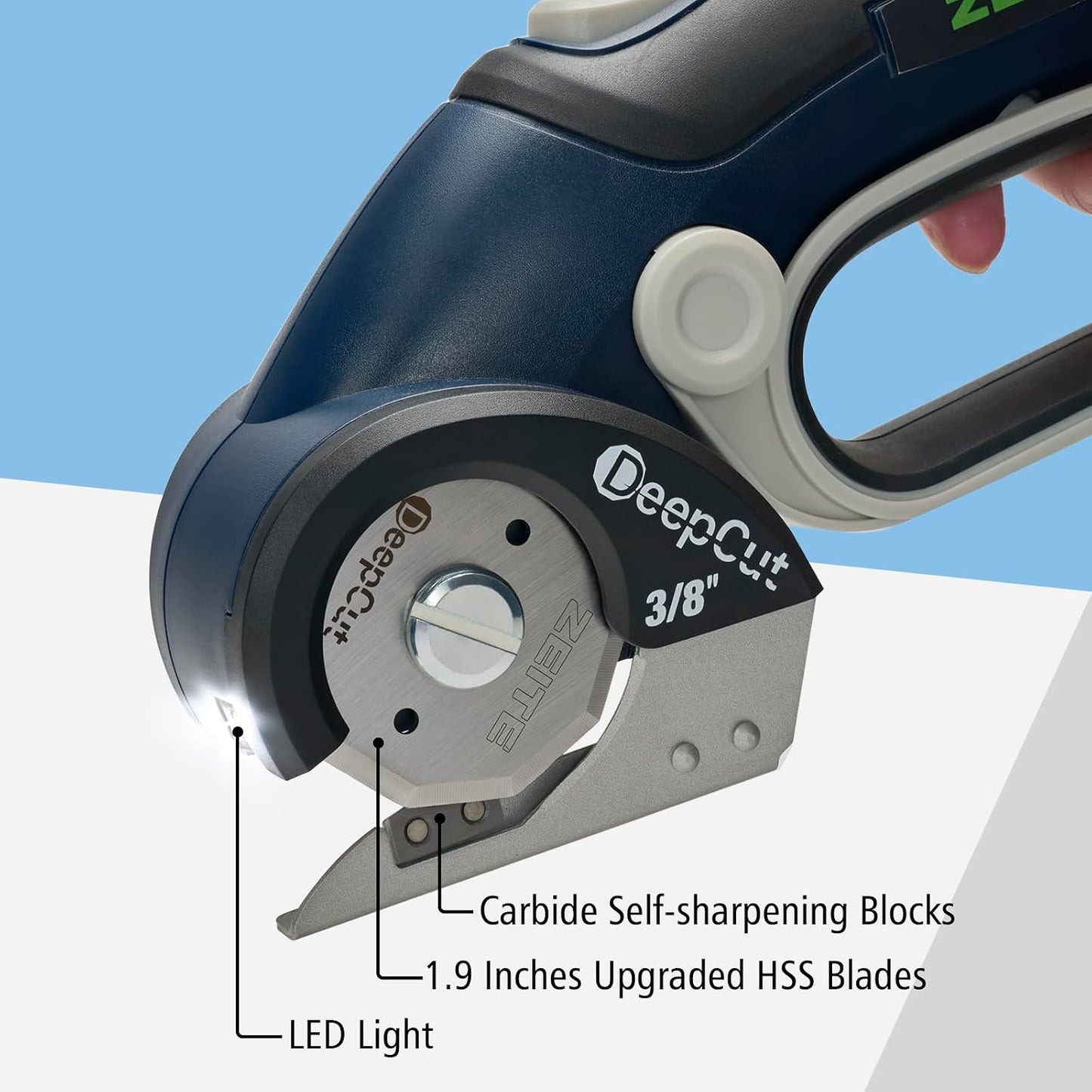 Deepcut 3/8" Electric Cardboard Cutter,Cordless Scissors with LED Light,Storage Box,Rechargeable Powerful Rotary Box Cutter with 2 Blades for Thick Cardboard, Fabric, Carpet, Leather