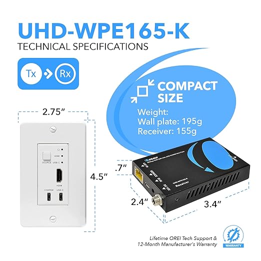OREI 4K HDMI/USB-C Extender, Over Single Cat6/Cat7 Cable Wall Plate Transmitter - Image 5