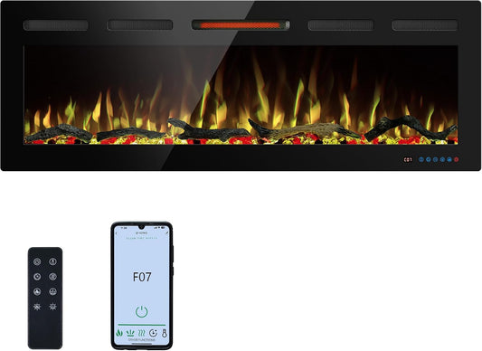 50" WiFi Electric Fireplace Inserts, Recessed and Wall Mounted Fireplace Heater