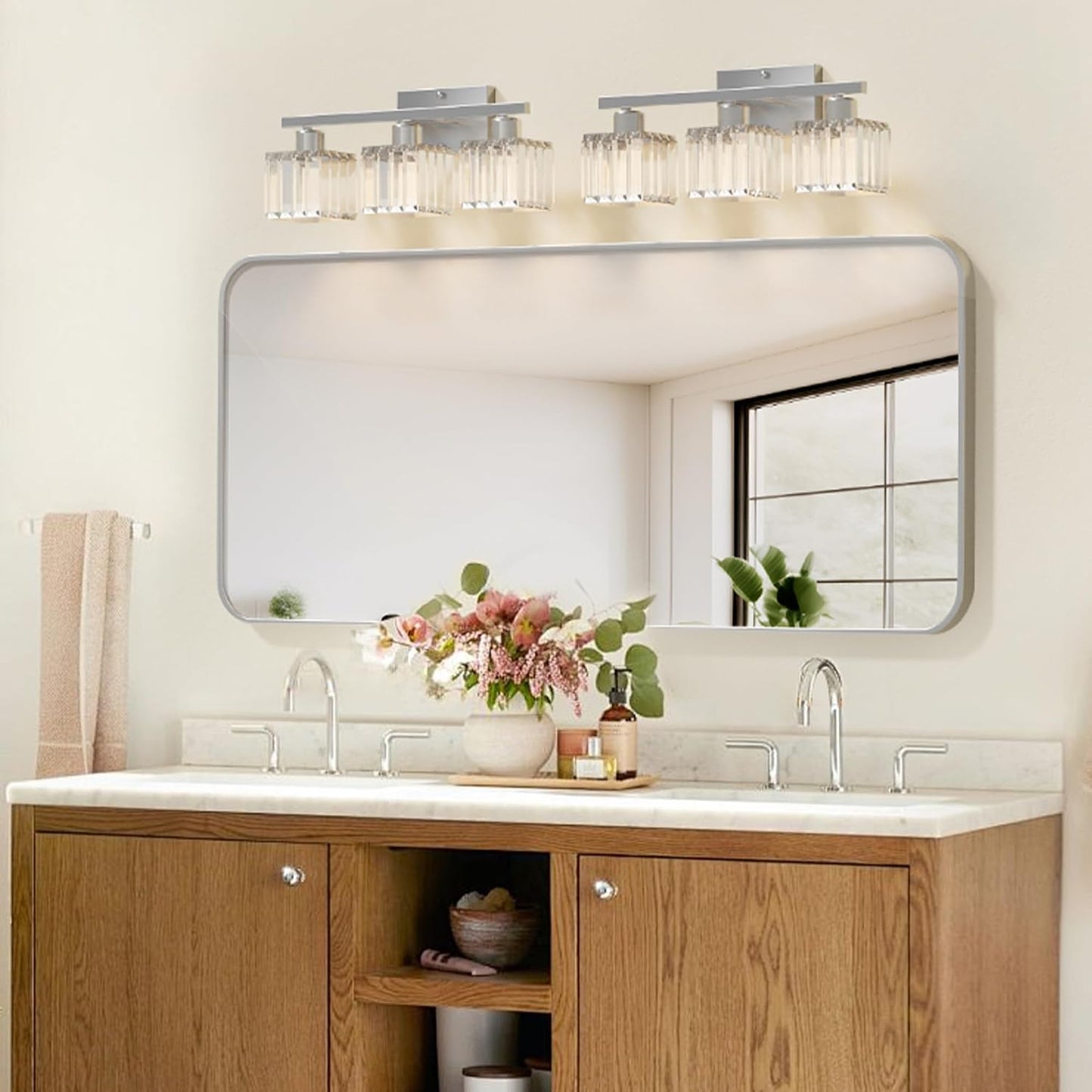 comzler 3-Light Bathroom Light Fixtures Over Mirror, Brushed Nickel Crystal Wall Sconce with E26 Base for Mirror Kitchen Living Room Bathroom, Square Crystal Shades (Bulbs Excluded) | Wall Sconce with E26 Base for Mirror Kitchen Living Room Bathroom