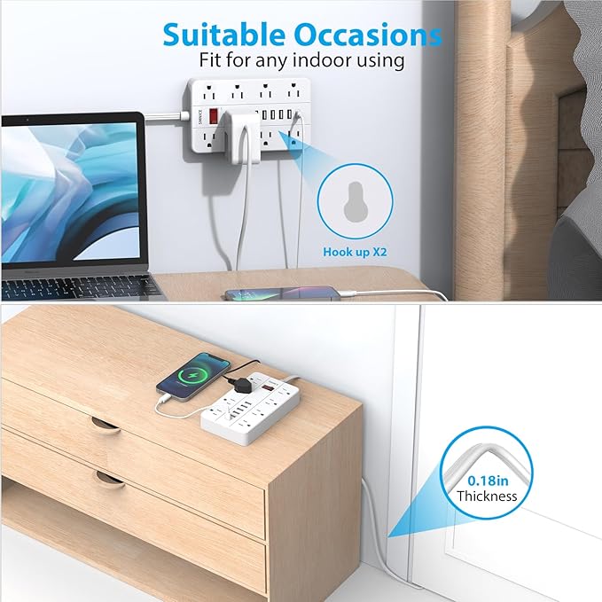 SMNICE Power Strip with USB, Surge Protector Flat Plug with 8 Widely Spaced - Image 6